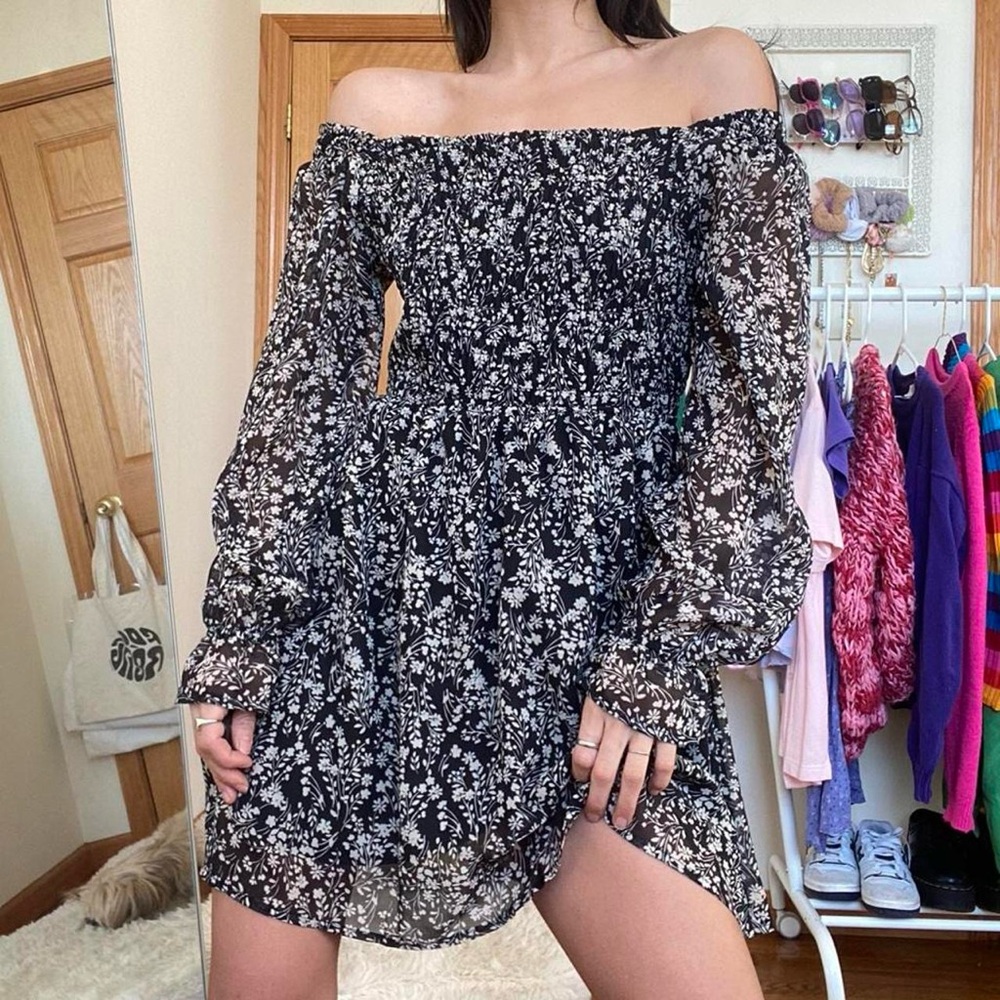 Floral Off The Shoulder Long Sleeve Black Mini Dress